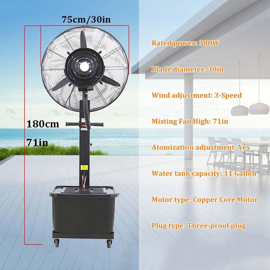 Industrieller Standventilator mit Zerstäuber und 90°-Oszillation für Kühlung im Freien, mit 11-Gallonen-Wassertank und beweglichen Rädern für einfache Mobilität