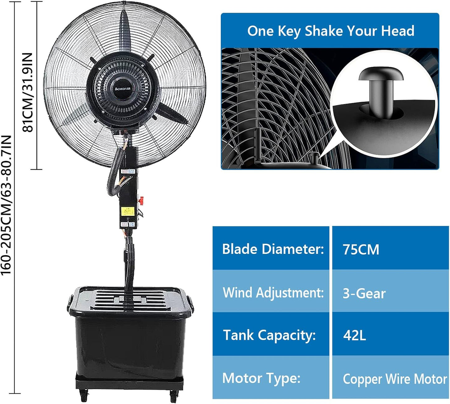 DFGHNBVC Hochleistungs-Standventilator Mit Nebel, 90°-Oszillation, Einstellbare Höhe, 3 Kühlgeschwindigkeiten, Standventilator Für Den Industriellen Und Gewerblichen Einsatz, 81 cm