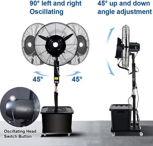 Oszillierender Vernebelungsventilator outdoor Terrassen Nebelventilator 65 cm/75 cm Vernebler Ventilator mit 3 Geschwindigkeiten,Sprühnebel Standventilator wasser ventilator mit 43 L Tank(320W/26in)