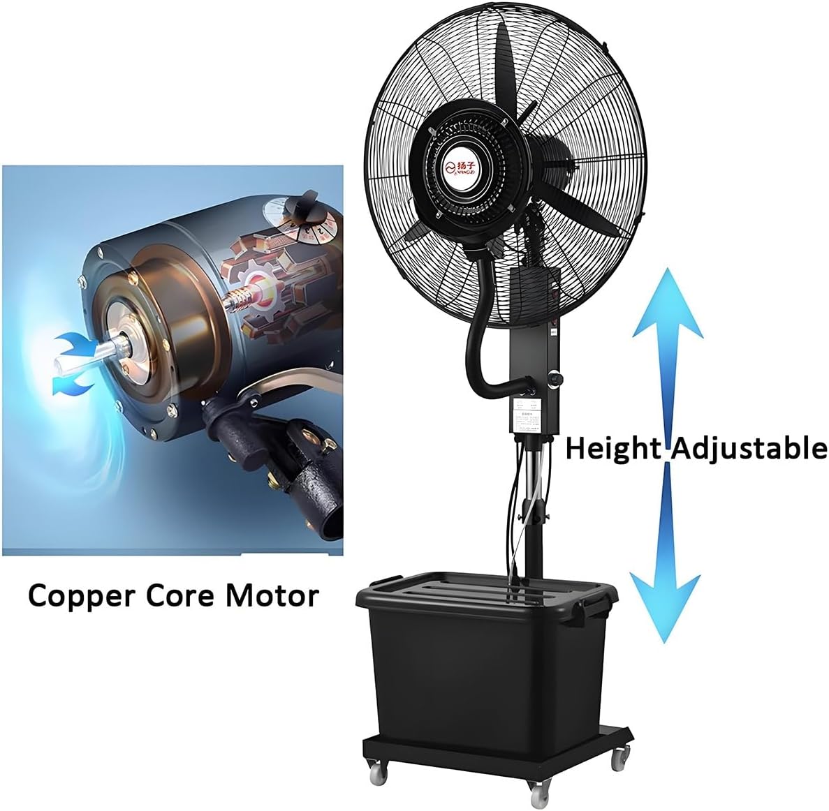 Schwarzer Oszillierender Nebelventilator Außen Großer Industrieller Standventilator Lüfter-Nebel mit Wasserkühlung Großer Tank, 3 Geschwindigkeitsstufen, für Terrasse, Werkstatt, Industriell, Büro(750
