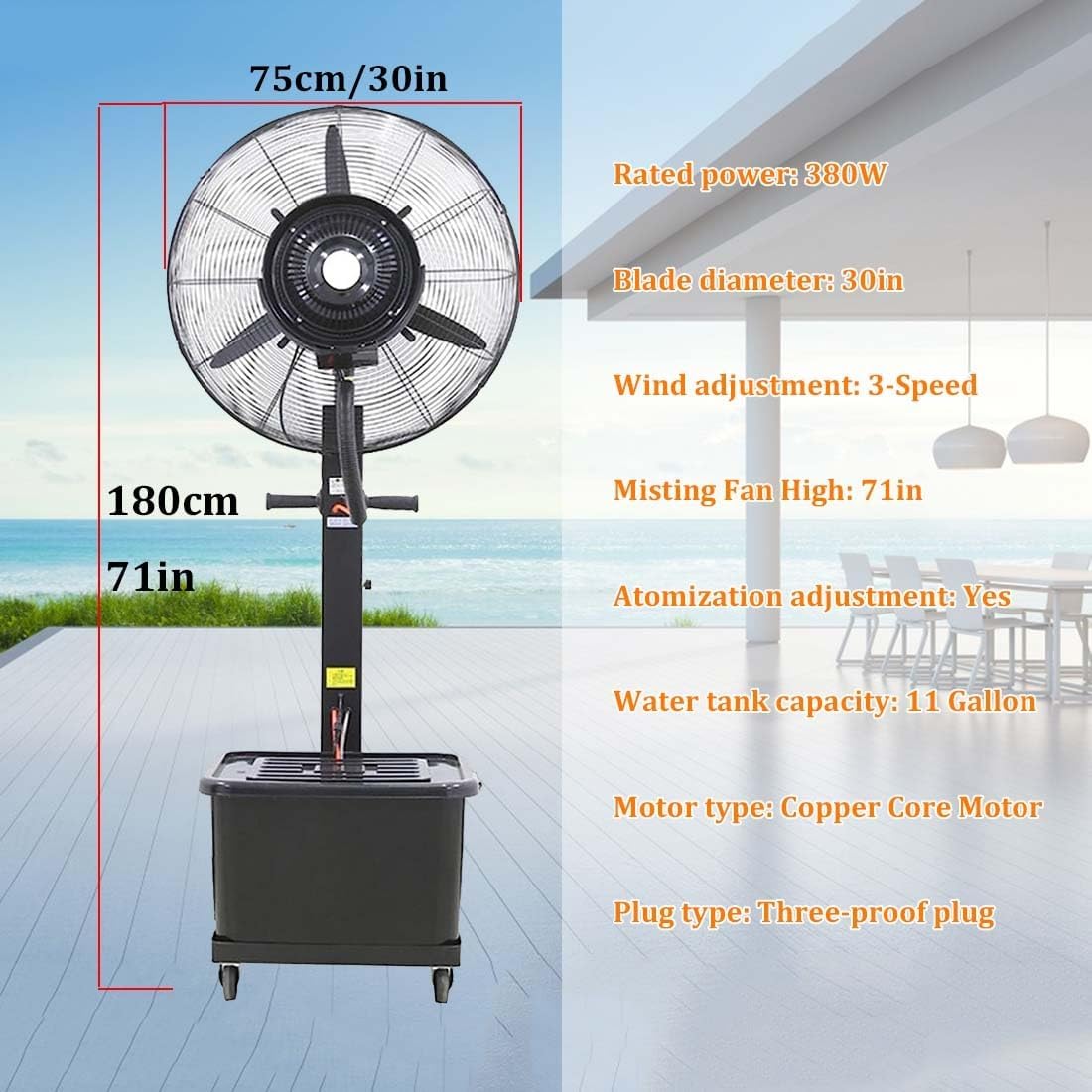 Industrieller Standventilator mit Zerstäuber und 90°-Oszillation für Kühlung im Freien, mit 11-Gallonen-Wassertank und beweglichen Rädern für einfache Mobilität