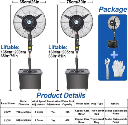 Oszillierender Vernebelungsventilator outdoor Terrassen Nebelventilator 65 cm/75 cm Vernebler Ventilator mit 3 Geschwindigkeiten,Sprühnebel Standventilator wasser ventilator mit 43 L Tank(320W/26in)