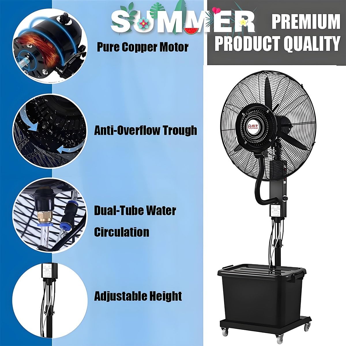 Ventilator mit Wasser, Nebel Ventilator, Außen-Standventilator mit Sprühnebelfunktion, Ventilator Wasserkühlung, für Outdoor Industrie Oscillating Sprühnebel 42L Wassertank 65/75cm(750mm/30in)