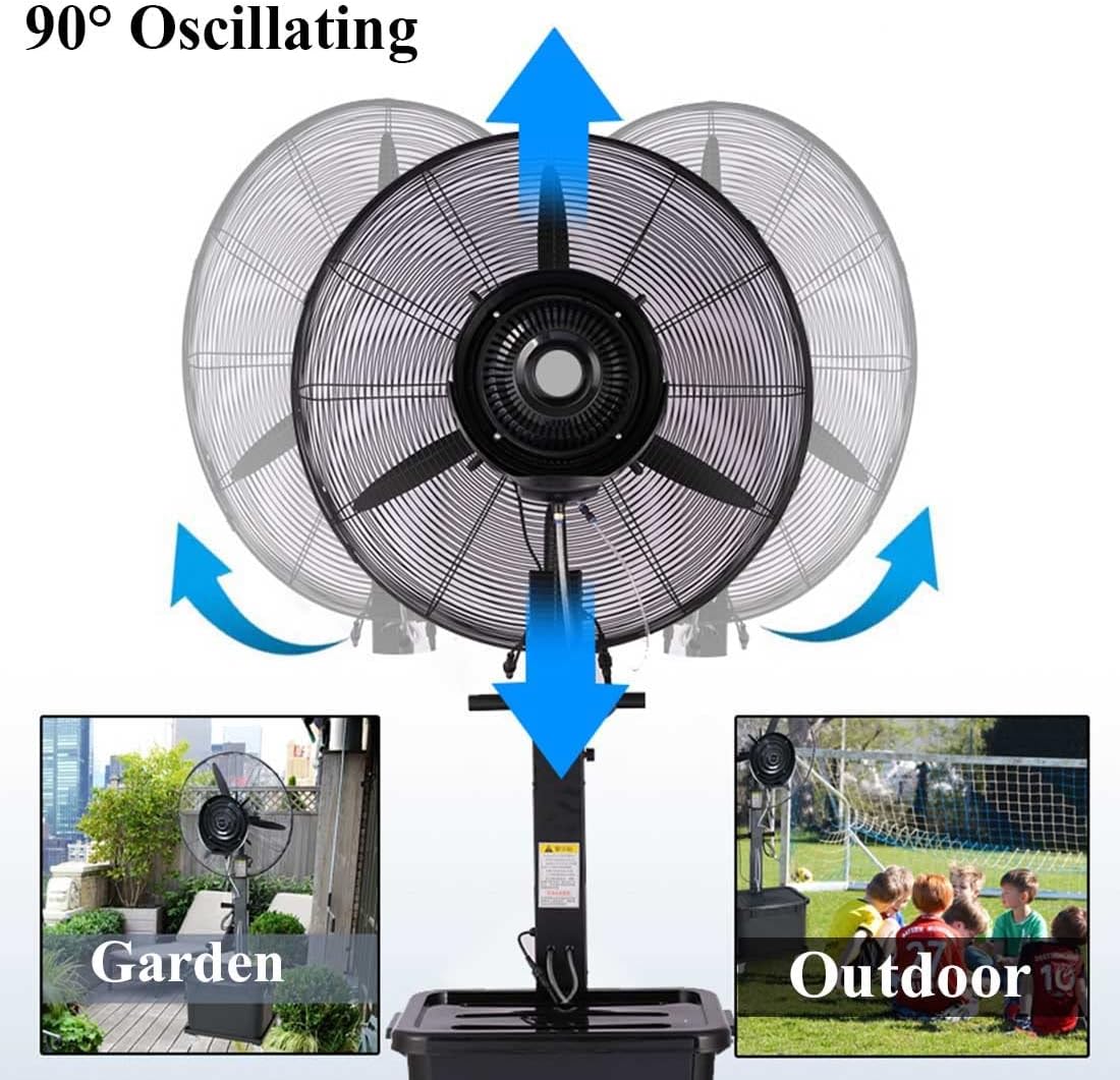 Industrieller Standventilator mit Nebelfunktion, oszillierend für Terrassenkühlung, energieeffizienter Hochgeschwindigkeits-Luftstrom