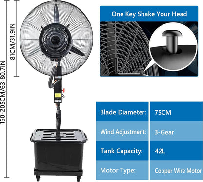 DFGHNBVC Hochleistungs-Standventilator Mit Nebel, 90°-Oszillation, Einstellbare Höhe, 3 Kühlgeschwindigkeiten, Standventilator Für Den Industriellen Und Gewerblichen Einsatz, 81 cm