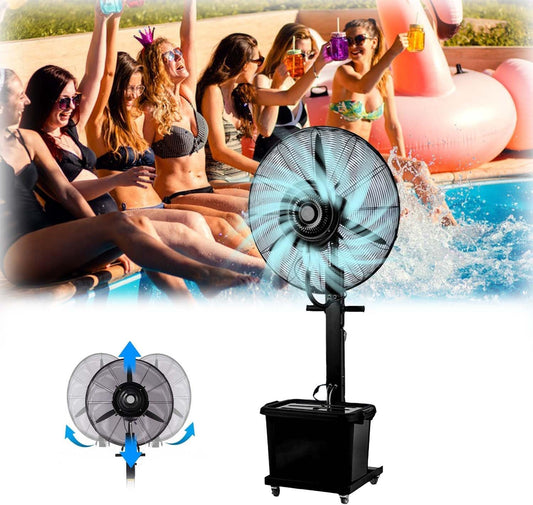 Industrieller Standventilator mit Zerstäuber und 90°-Oszillation für Kühlung im Freien, mit 11-Gallonen-Wassertank und beweglichen Rädern für einfache Mobilität