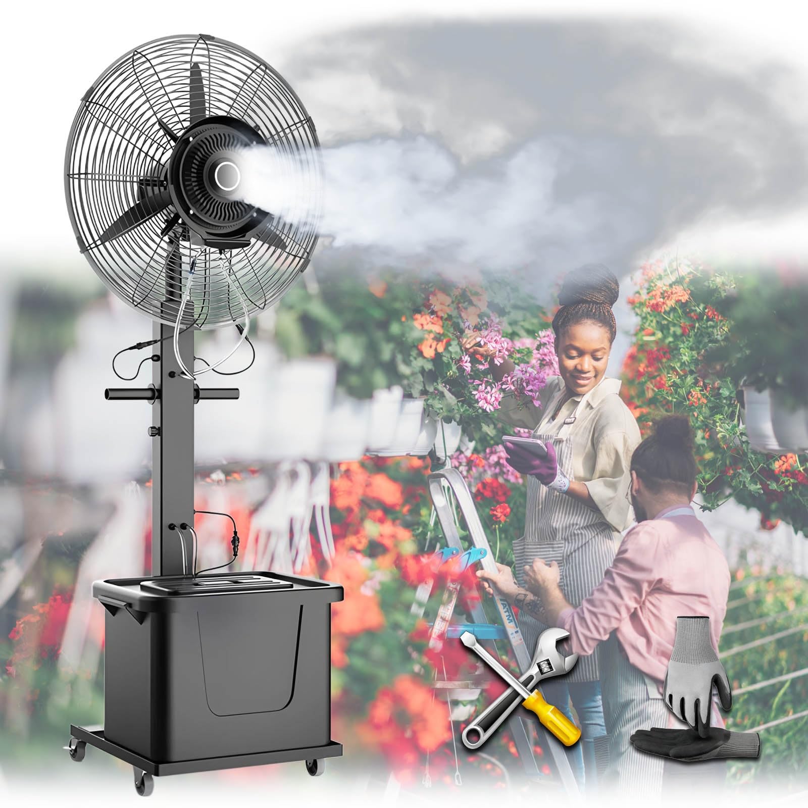 Terrassenlüfter Mit Nebelgerät Außen, Industrielle Standventilator Wasserkühlung Einstellbaren Kühlgeschwindigkeiten Und Oszillation, Ideal Für Fabriken Und Gewerbeflächen(Non-liftable,750)