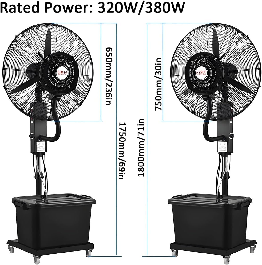 Schwarzer Oszillierender Nebelventilator Außen Großer Industrieller Standventilator Lüfter-Nebel mit Wasserkühlung Großer Tank, 3 Geschwindigkeitsstufen, für Terrasse, Werkstatt, Industriell, Büro(750