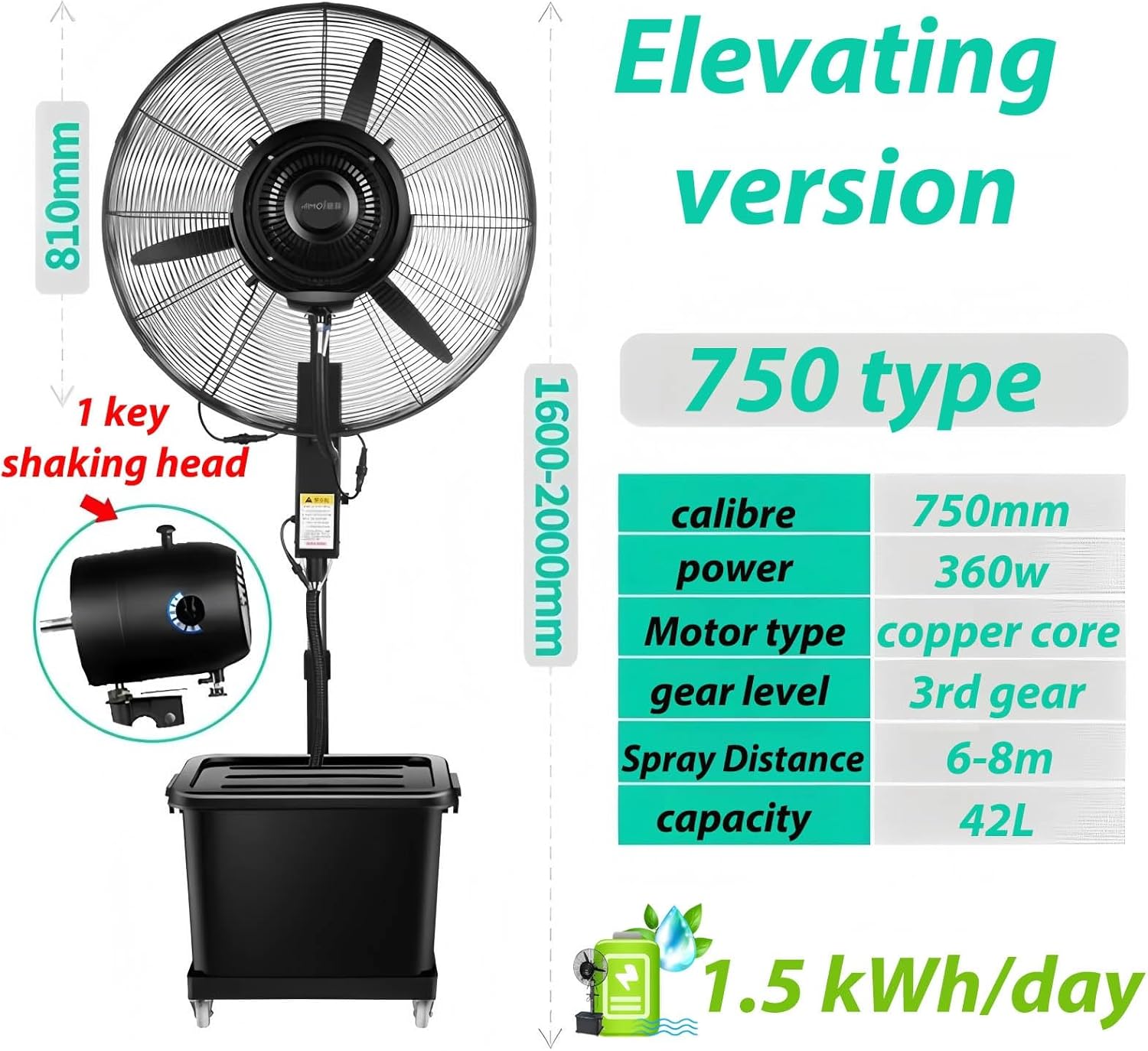 Standventilator Mit Wasserkühlung Mit Sprühnebel 3 Geschwindigkeiten 90° Oszillierender Nebelventilator Für Gewerbliche Privathaushalte, Kühlventilator(Liftable,750)