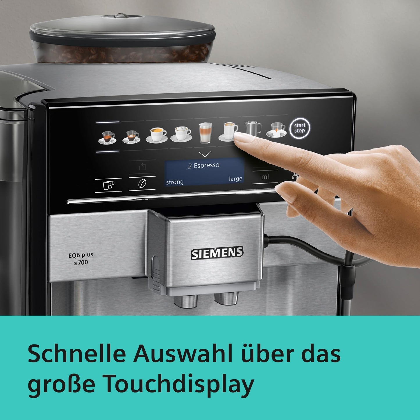 Siemens Kaffeevollautomat EQ6 plus s700, Milchsystem, 12 Getränke, automatische Reinigung des Milchsystems, Keramikmahlwerk, großes Touchdisplay, Edelstahl, TE657503DE