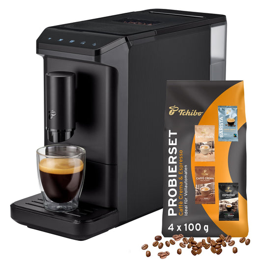 Tchibo Kaffeevollautomat Esperto mini für Caffè Crema und Espresso, nur 16cm breit, klein und kompakt, geeignet für jede Küche, Camping, Studentenapartment, Schwarz - INKLUSIVE Kaffeeprobierset GRATIS