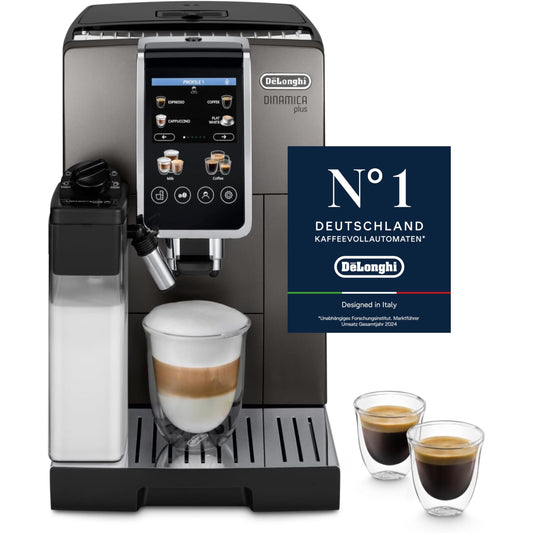 De'Longhi Dinamica Plus ECAM380.95.TB, Kaffeevollautomat mit LatteCrema Milchsystem, One-Touch-Cappuccino, mit 24 Rezepten, 3,5-Zoll TFT-Farbdisplay, 1450W, Titan/Schwarz