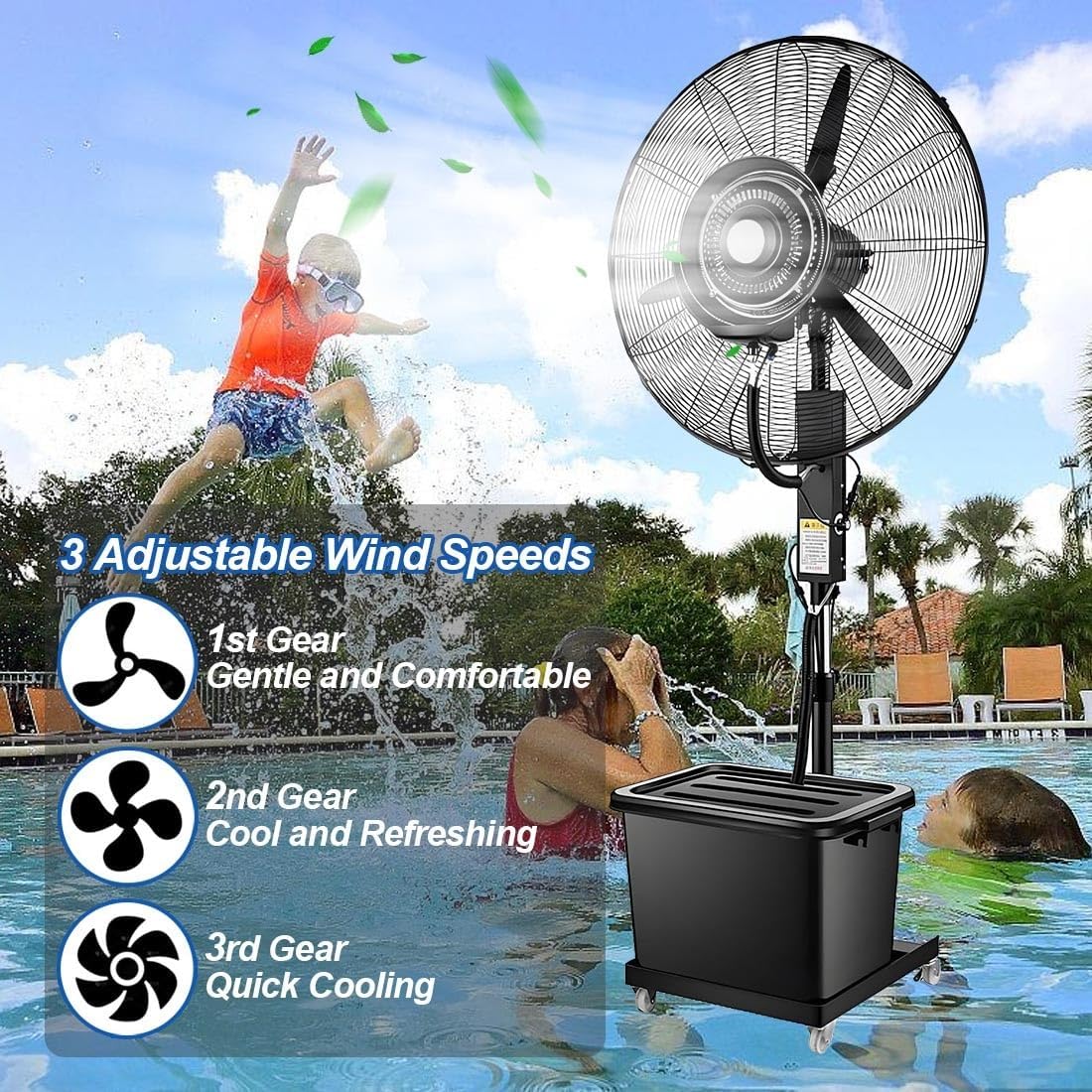 Oszillierender Vernebelungsventilator outdoor Terrassen Nebelventilator 65 cm/75 cm Vernebler Ventilator mit 3 Geschwindigkeiten,Sprühnebel Standventilator wasser ventilator mit 43 L Tank(320W/26in)