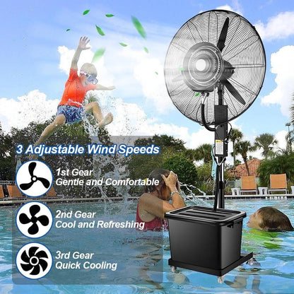 Oszillierender Vernebelungsventilator outdoor Terrassen Nebelventilator 65 cm/75 cm Vernebler Ventilator mit 3 Geschwindigkeiten,Sprühnebel Standventilator wasser ventilator mit 43 L Tank(320W/26in)