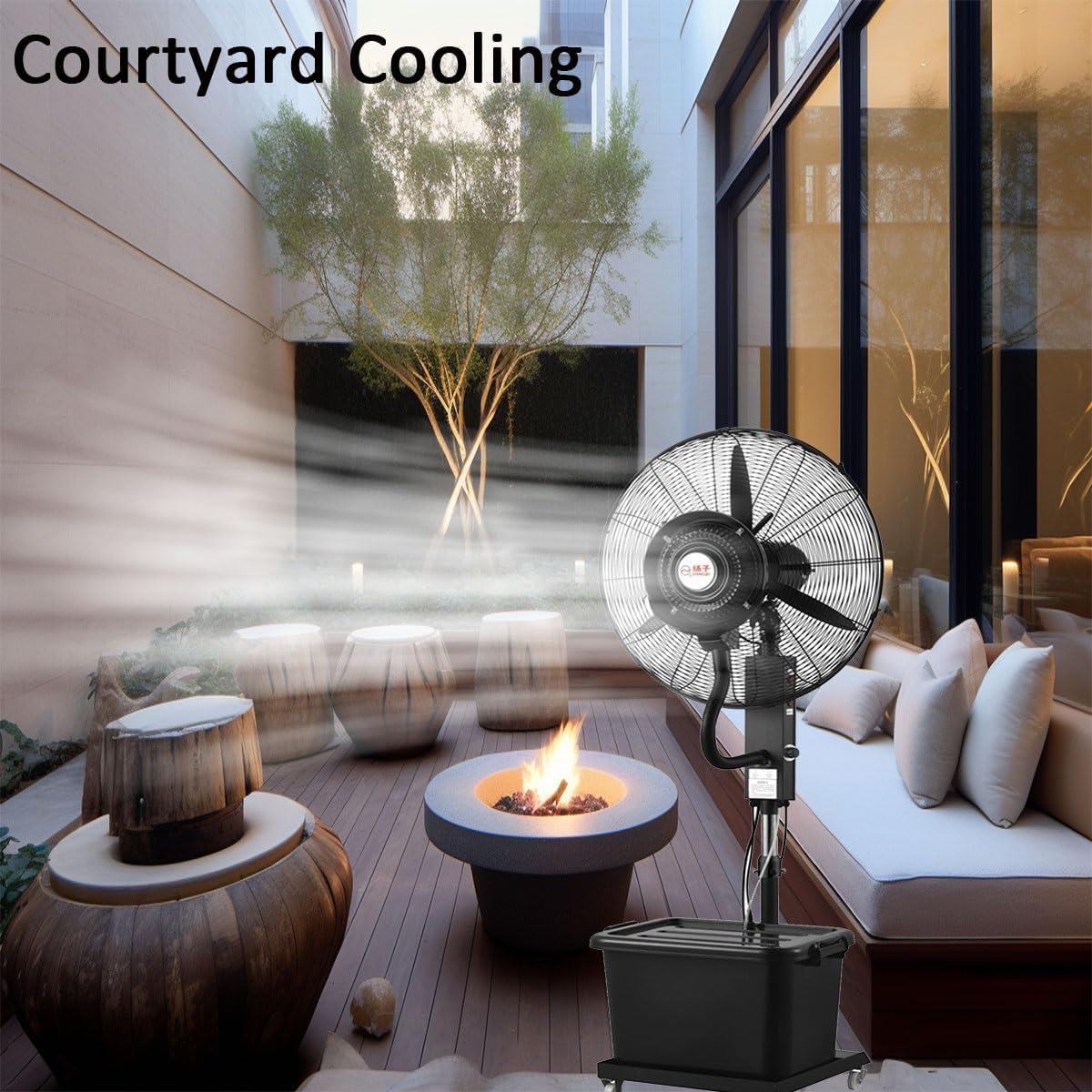 Schwarzer Oszillierender Nebelventilator Außen Großer Industrieller Standventilator Lüfter-Nebel mit Wasserkühlung Großer Tank, 3 Geschwindigkeitsstufen, für Terrasse, Werkstatt, Industriell, Büro(750