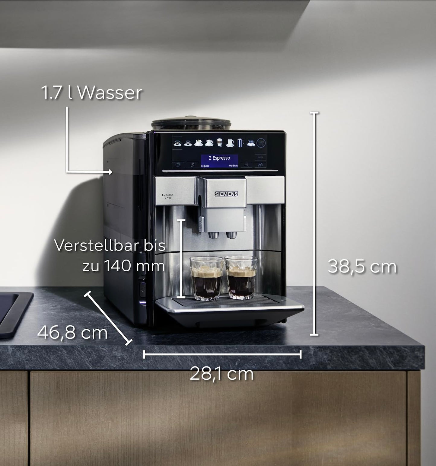 Siemens Kaffeevollautomat EQ6 plus s700, Milchsystem, 12 Getränke, automatische Reinigung des Milchsystems, Keramikmahlwerk, großes Touchdisplay, Edelstahl, TE657503DE