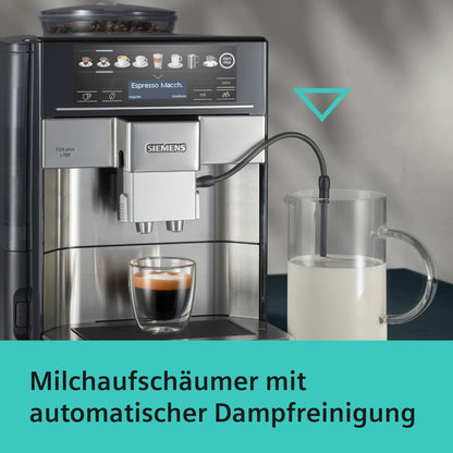Siemens Kaffeevollautomat EQ6 plus s700, Milchsystem, 12 Getränke, automatische Reinigung des Milchsystems, Keramikmahlwerk, großes Touchdisplay, Edelstahl, TE657503DE