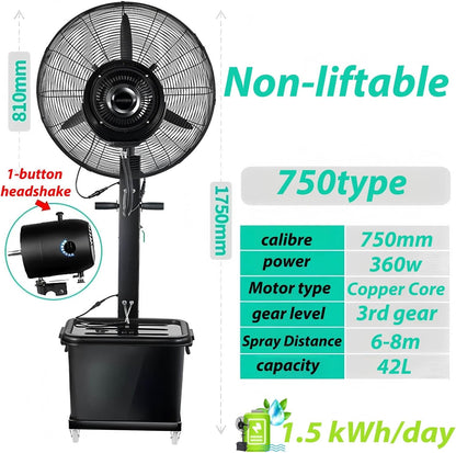 Terrassenlüfter Mit Nebelgerät Außen, Industrielle Standventilator Wasserkühlung Einstellbaren Kühlgeschwindigkeiten Und Oszillation, Ideal Für Fabriken Und Gewerbeflächen(Non-liftable,750)