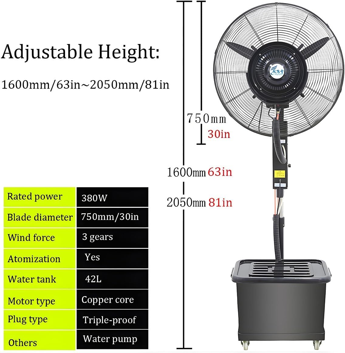 Ventilator mit Wasser, Nebel Ventilator, Außen-Standventilator mit Sprühnebelfunktion, Ventilator Wasserkühlung, für Outdoor Industrie Oscillating Sprühnebel 42L Wassertank 65/75cm(750mm/30in)