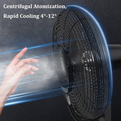 Industrieller Standventilator mit Zerstäuber und 90°-Oszillation für Kühlung im Freien, mit 11-Gallonen-Wassertank und beweglichen Rädern für einfache Mobilität