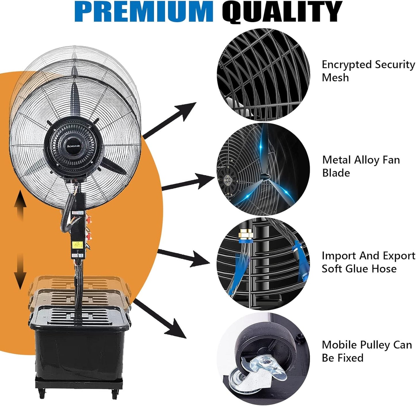 DFGHNBVC Hochleistungs-Standventilator Mit Nebel, 90°-Oszillation, Einstellbare Höhe, 3 Kühlgeschwindigkeiten, Standventilator Für Den Industriellen Und Gewerblichen Einsatz, 81 cm